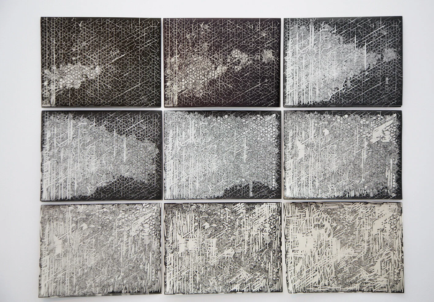 Mousharabiah Screens, The Perilous Journey newspapers series, 2018.Series of nine linocuts on newsprint. 